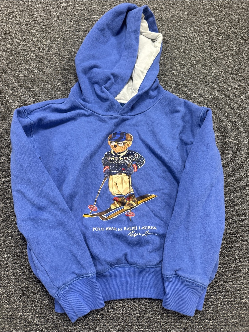 Ralph Lauren Blue Kids Hoodie with Skiing Polo Bear Graphic